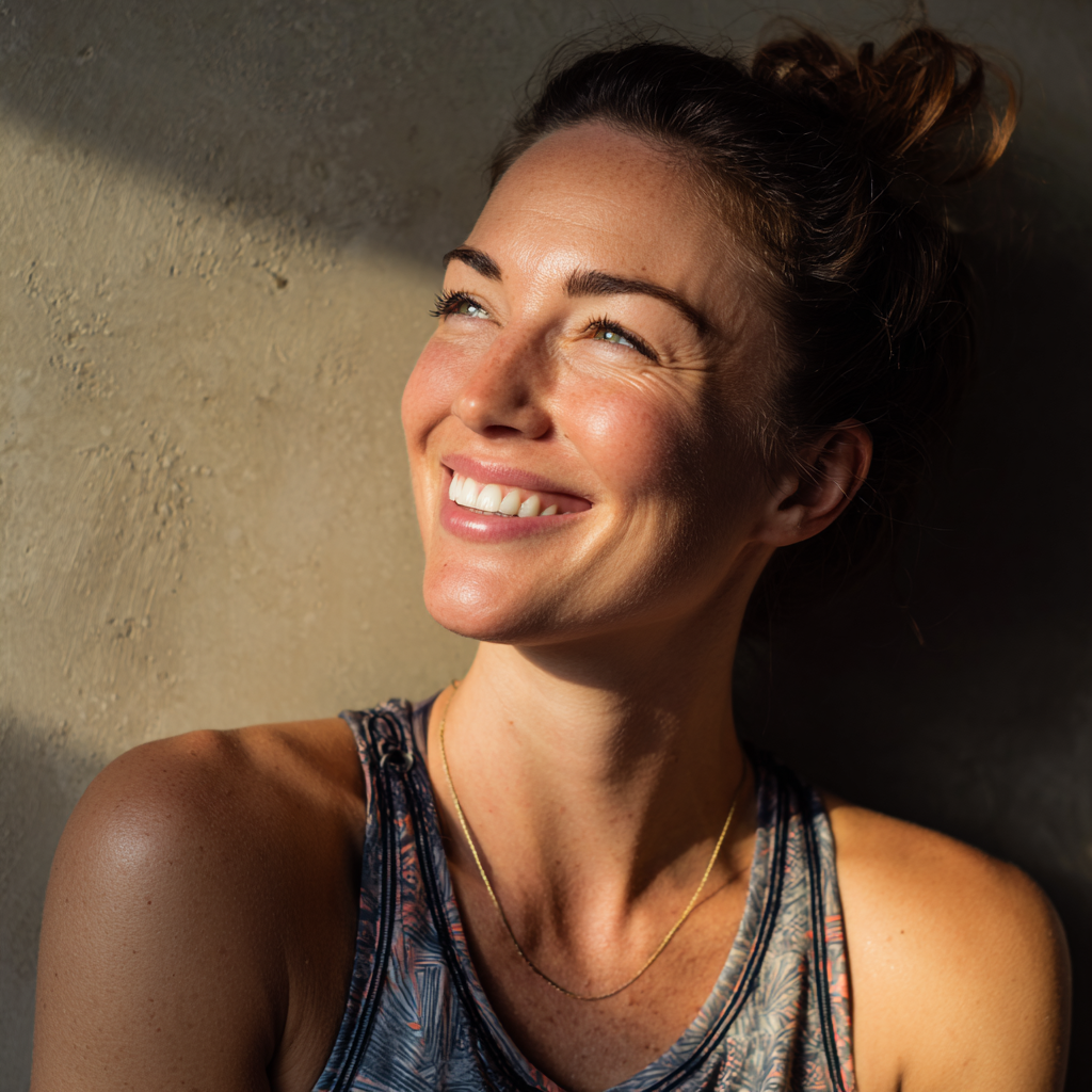 Молода жінка європейської зовнішності віком 25-30 років з усмішкою практикує дихальні вправи йоги на природі, сидячи в позі лотоса серед зелені