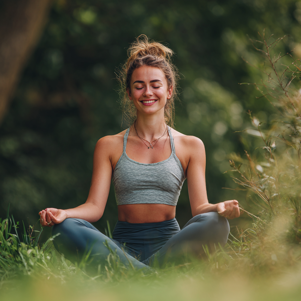 Жінка європейської зовнішності віком 28-35 років з усмішкою тримає скляну пляшку з водою після заняття йогою в природному середовищі