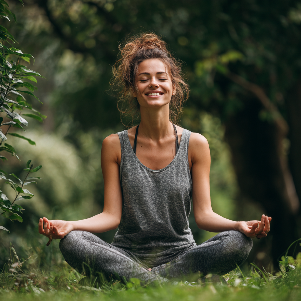 Група людей європейської зовнішності різного віку (25-45 років) з усмішками практикує групову йогу на свіжому повітрі в парку